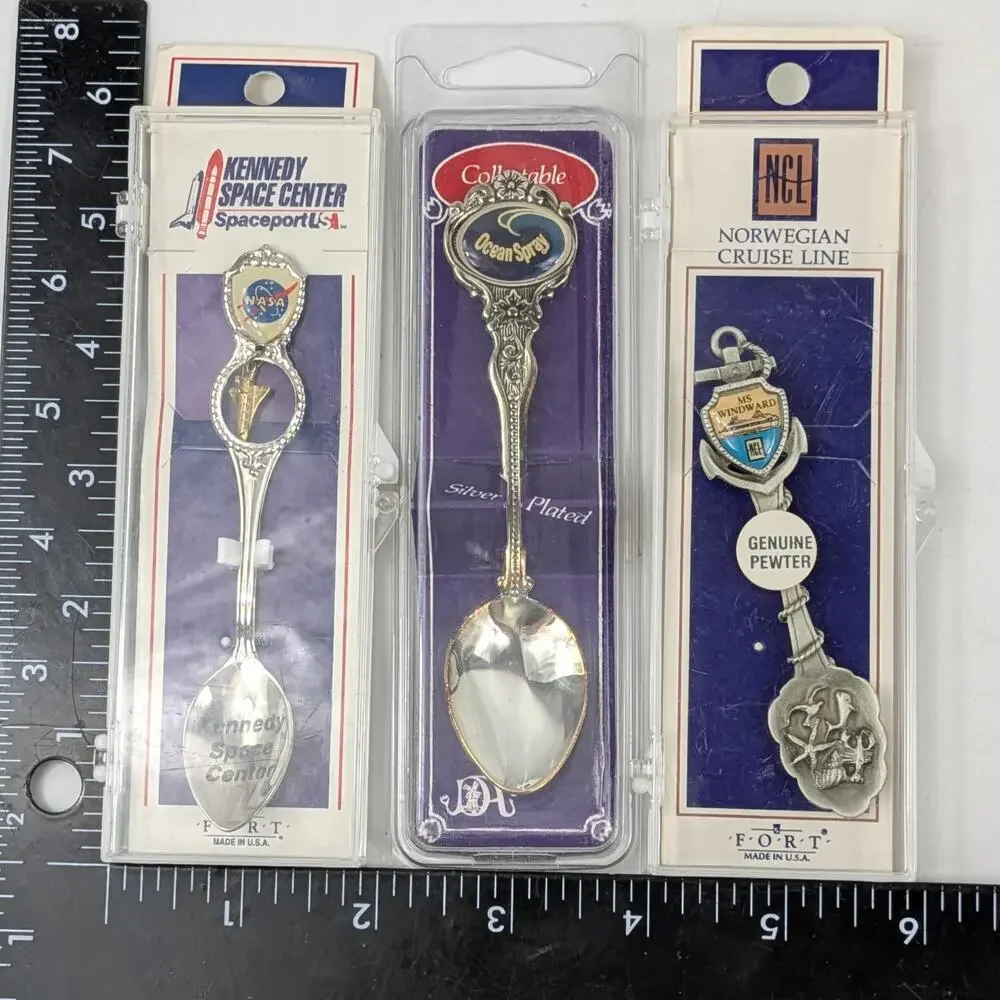 Lot 7 Vtg Souvenir Spoons NASA Space Zodiac Christmas Holiday Cruise EPNS Italy